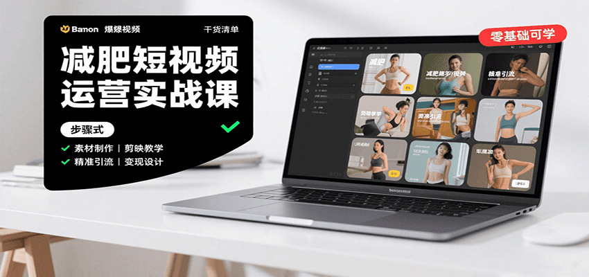 减肥短视频运营实战课：含素材制作、剪映教学，讲精准引流、变现设计与内容模板技巧