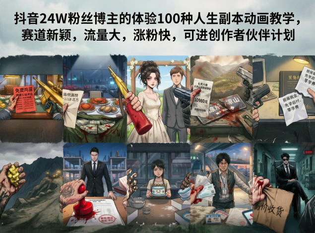 抖音24W粉丝博主的体验100种人生副本动画教学，赛道新颖，流量大，涨粉快，可进创作者伙伴计划-白蛇网