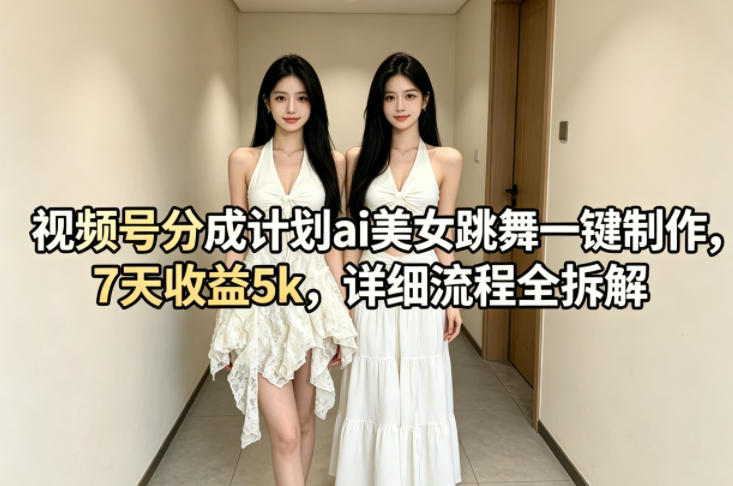 视频号分成计划ai美女跳舞一键制作，7天收益5k，详细流程全拆解-白蛇网