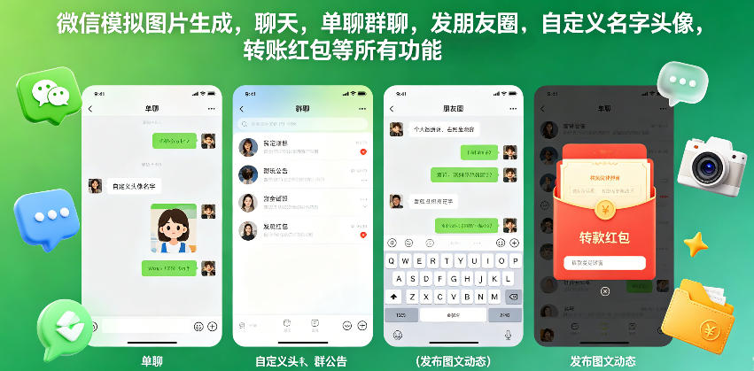 微信模拟图片生成，聊天，单聊群聊，发朋友圈，自定义名字头像，转账红包等所有功能都可以生成-白蛇网