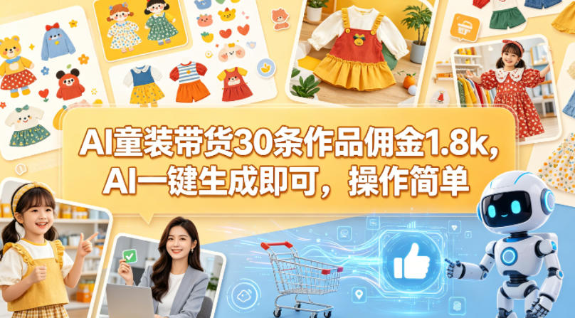 AI童装带货30条作品佣金1.8k，AI一键生成即可，操作简单-白蛇网