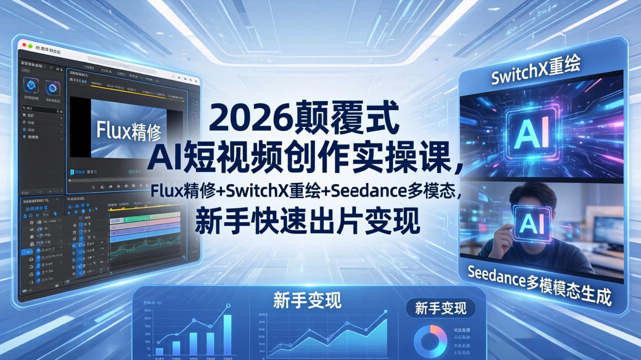 2026颠覆式 AI短视频创作课-5月更新，Flux精修+SwitchX重绘+Seedance多模态，新手快速出片变现-白蛇网