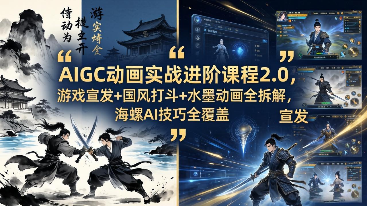 AIGC动画实战进阶课程2.0，游戏宣发+国风打斗+水墨动画全拆解，海螺AI技巧全覆盖-白蛇网